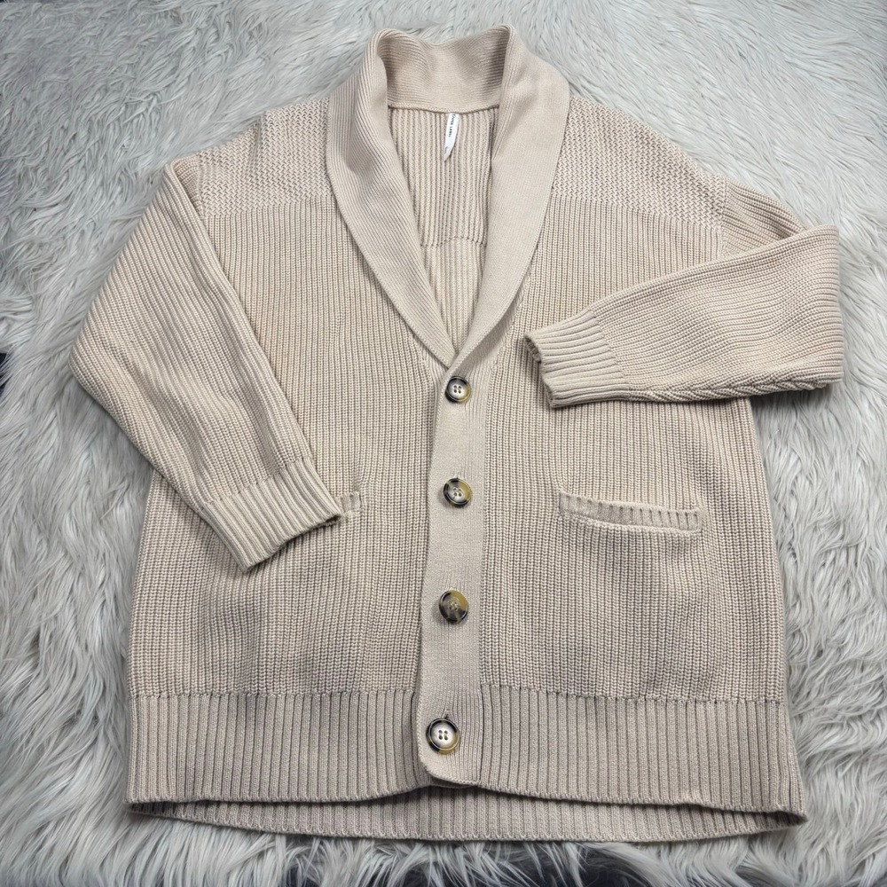 Paper Label Men's L Cream Shawl Collar Cotton Cardigan Preppy Grandpa Heritage